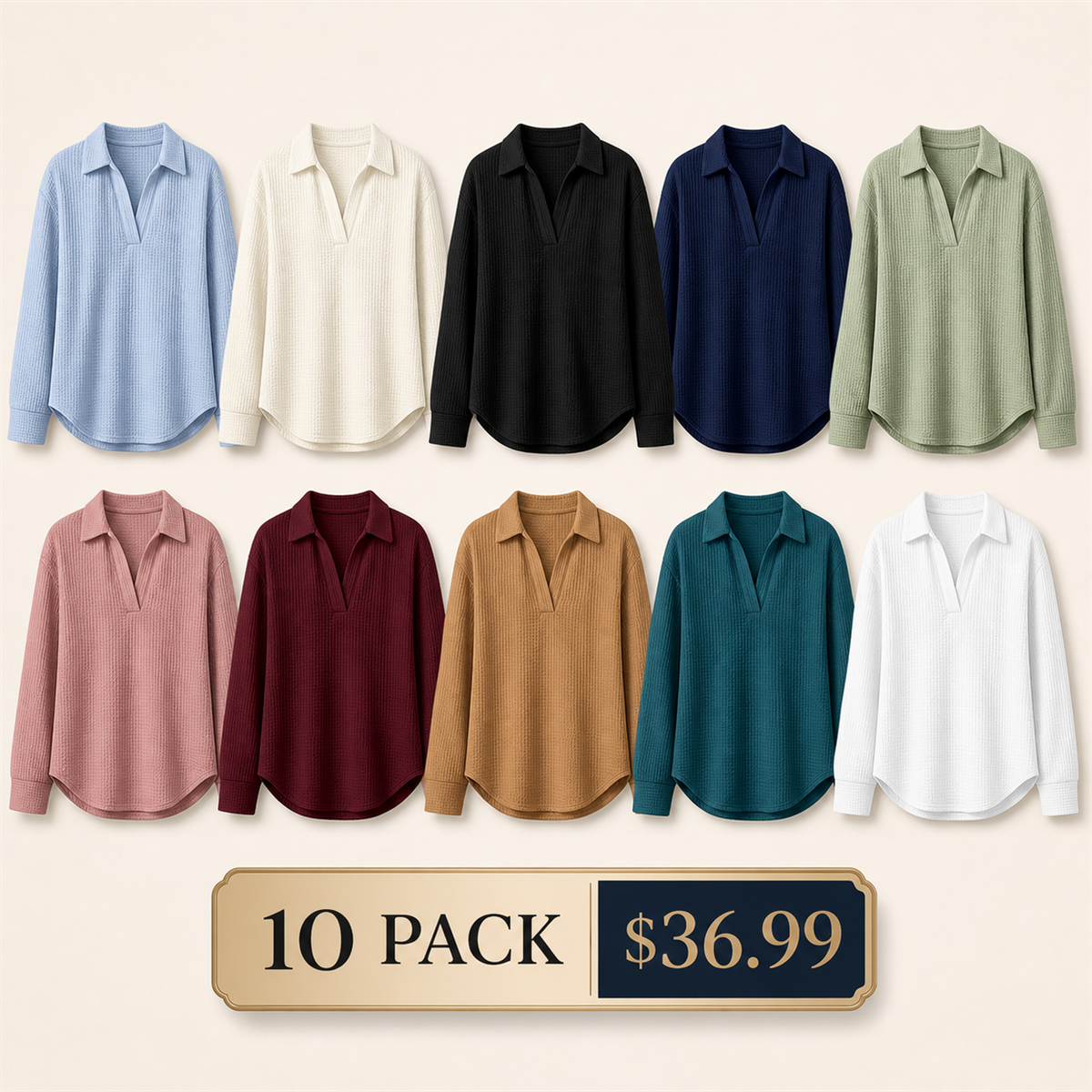 Women's Textured Open-Neck Long-Sleeve Collared Blouse - 10 Piece - Complete Color Collection - 36.99 $