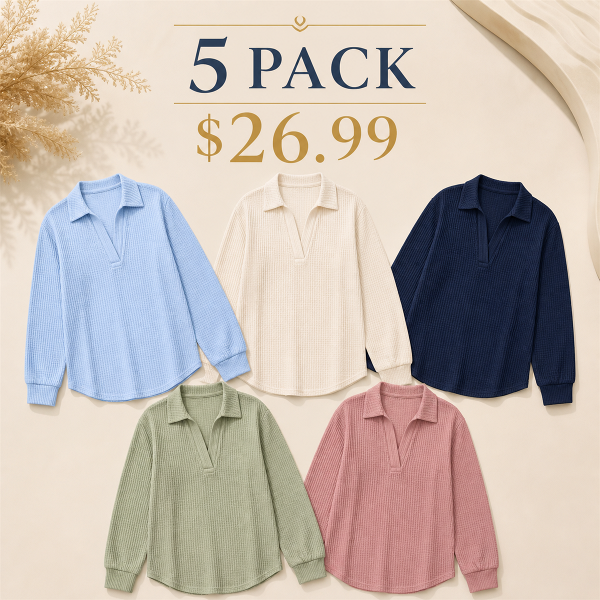 Women's Textured Open-Neck Long-Sleeve Collared Blouse - 5 Piece - Classic Color Set - 26.99 $