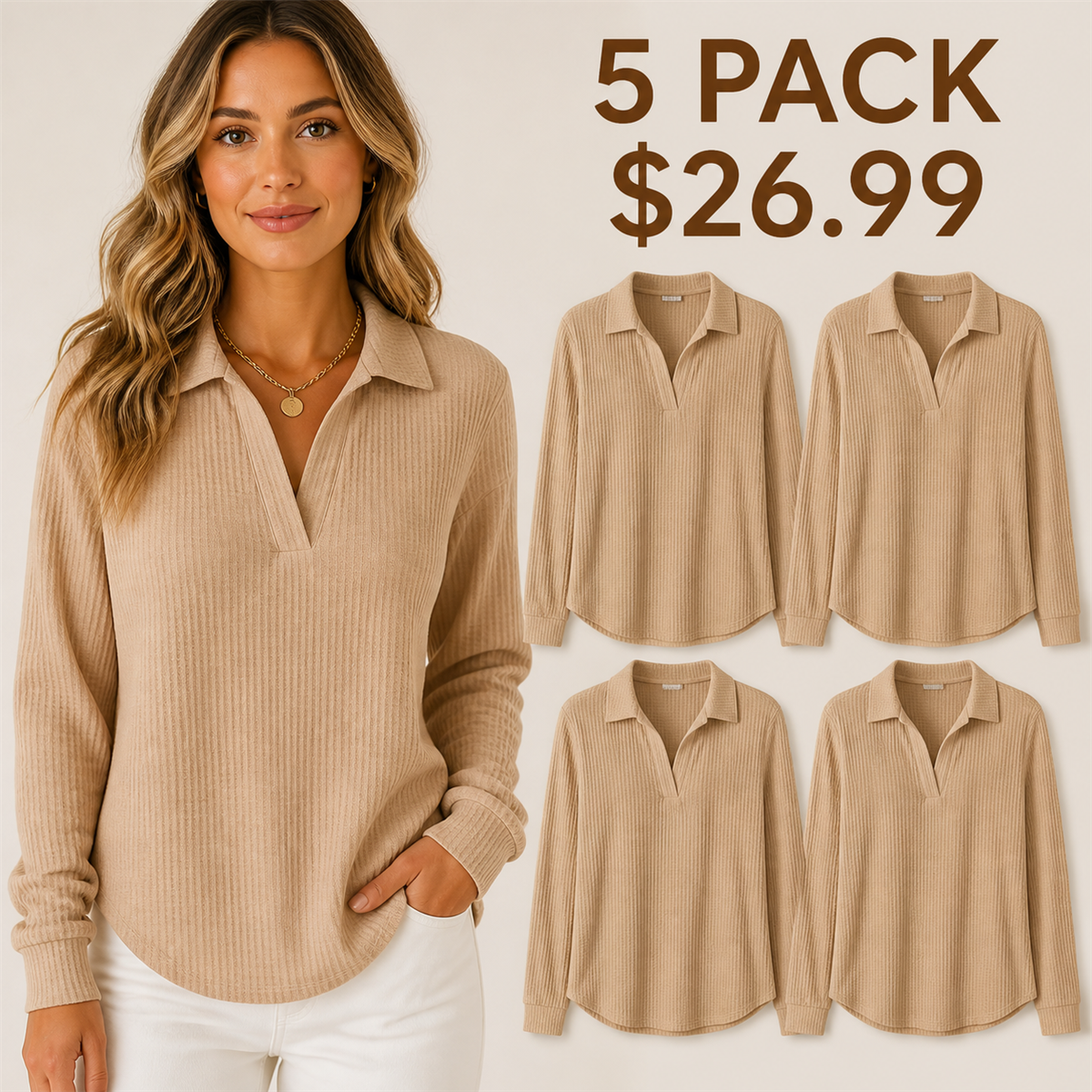 Women's Textured Open-Neck Long-Sleeve Collared Blouse - 5-Piece Camel Set - 26.99 $