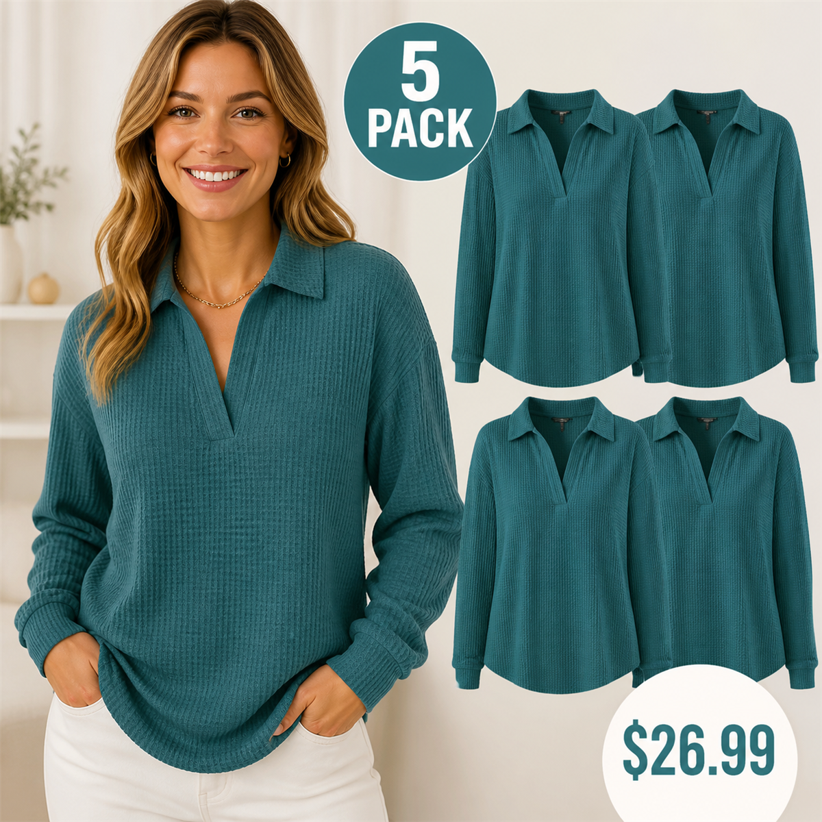 Women's Textured Open-Neck Long-Sleeve Collared Blouse - 5-Piece Teal Set - 26.99 $