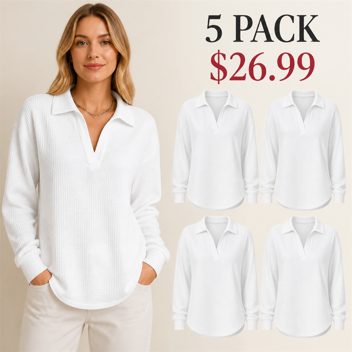 Women's Textured Open-Neck Long-Sleeve Collared Blouse - 5-Piece White Set - 26.99 $