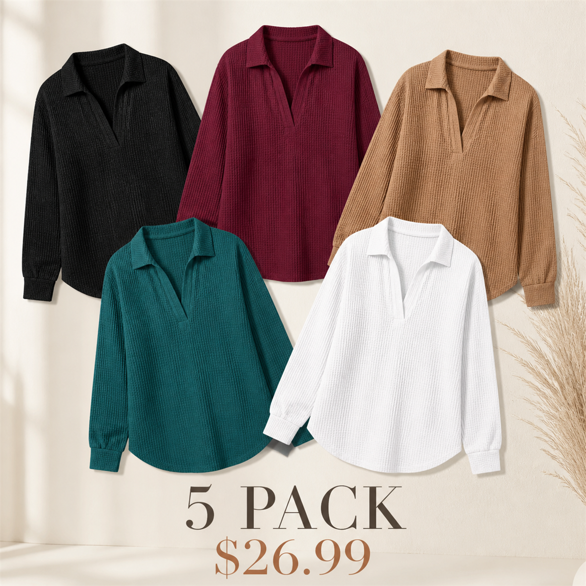 Women's Textured Open-Neck Long-Sleeve Collared Blouse - 5 Piece - Soft Color Set - 26.99 $