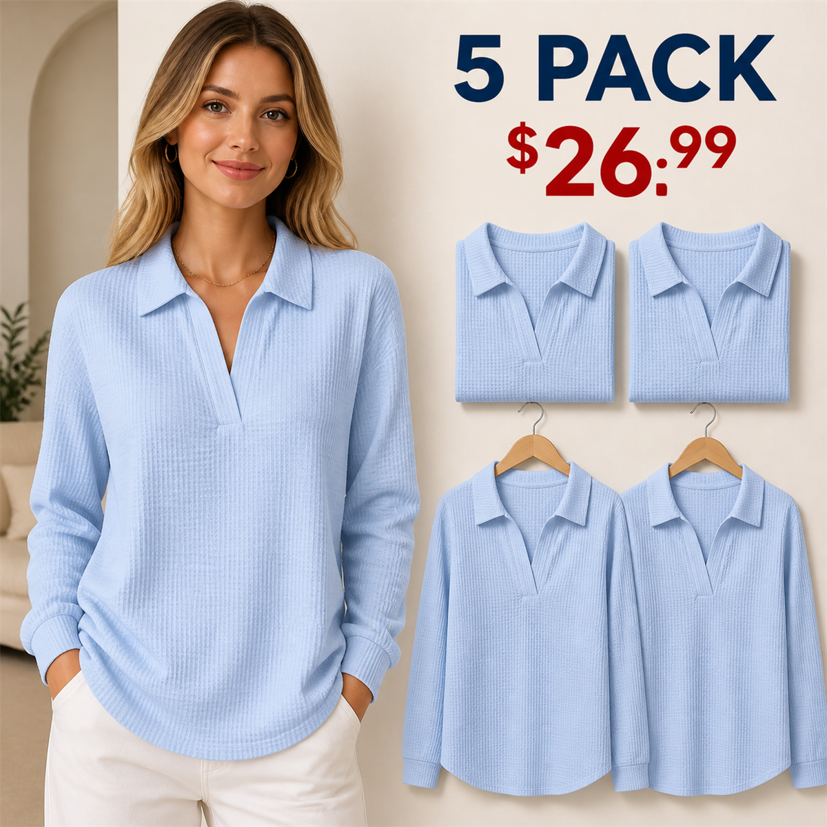 Women's Textured Open-Neck Long-Sleeve Collared Blouse - 5-Piece Light Blue Set - 26.99 $
