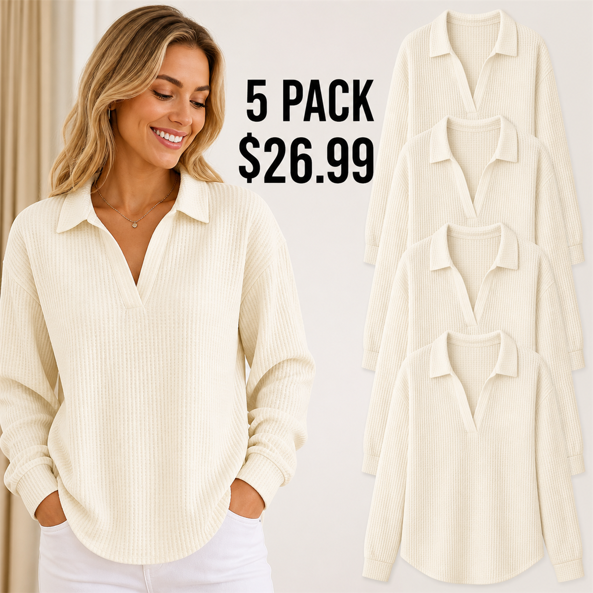 Women's Textured Open-Neck Long-Sleeve Collared Blouse - 5-Piece Ivory Set - 26.99 $