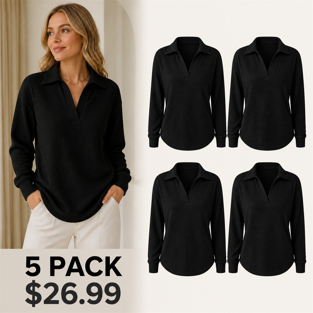 Women's Textured Open-Neck Long-Sleeve Collared Blouse - 5-Piece Black Set - 26.99 $