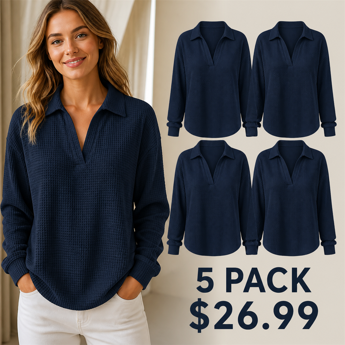 Women's Textured Open-Neck Long-Sleeve Collared Blouse - 5-Piece Navy Set - 26.99 $