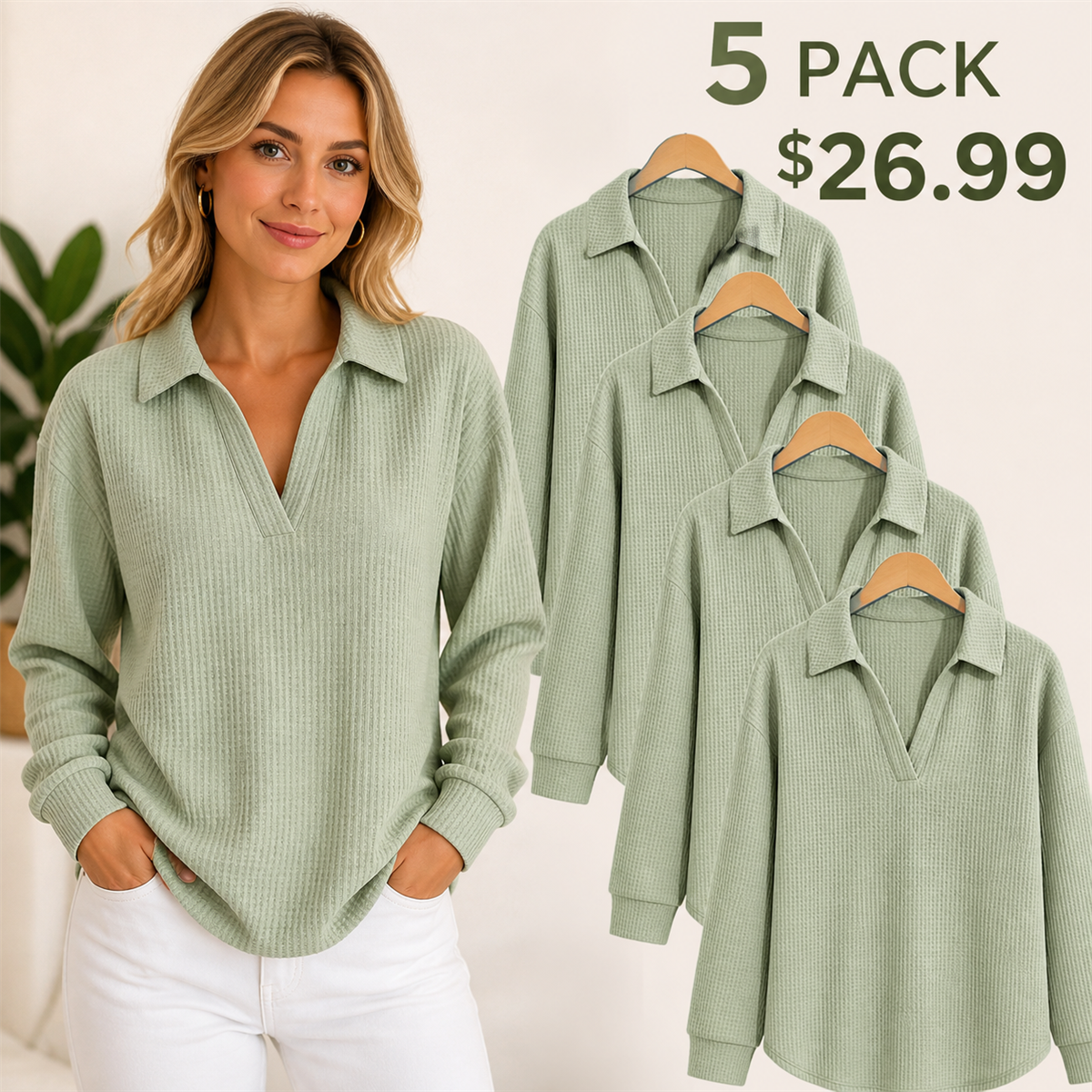 Women's Textured Open-Neck Long-Sleeve Collared Blouse - 5-Piece Sage Green Set - 26.99 $