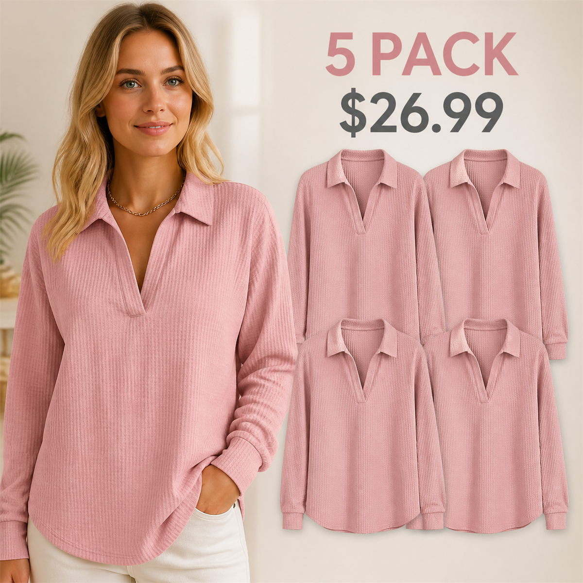 Women's Textured Open-Neck Long-Sleeve Collared Blouse - 5-Piece Dusty Rose Set - 26.99 $