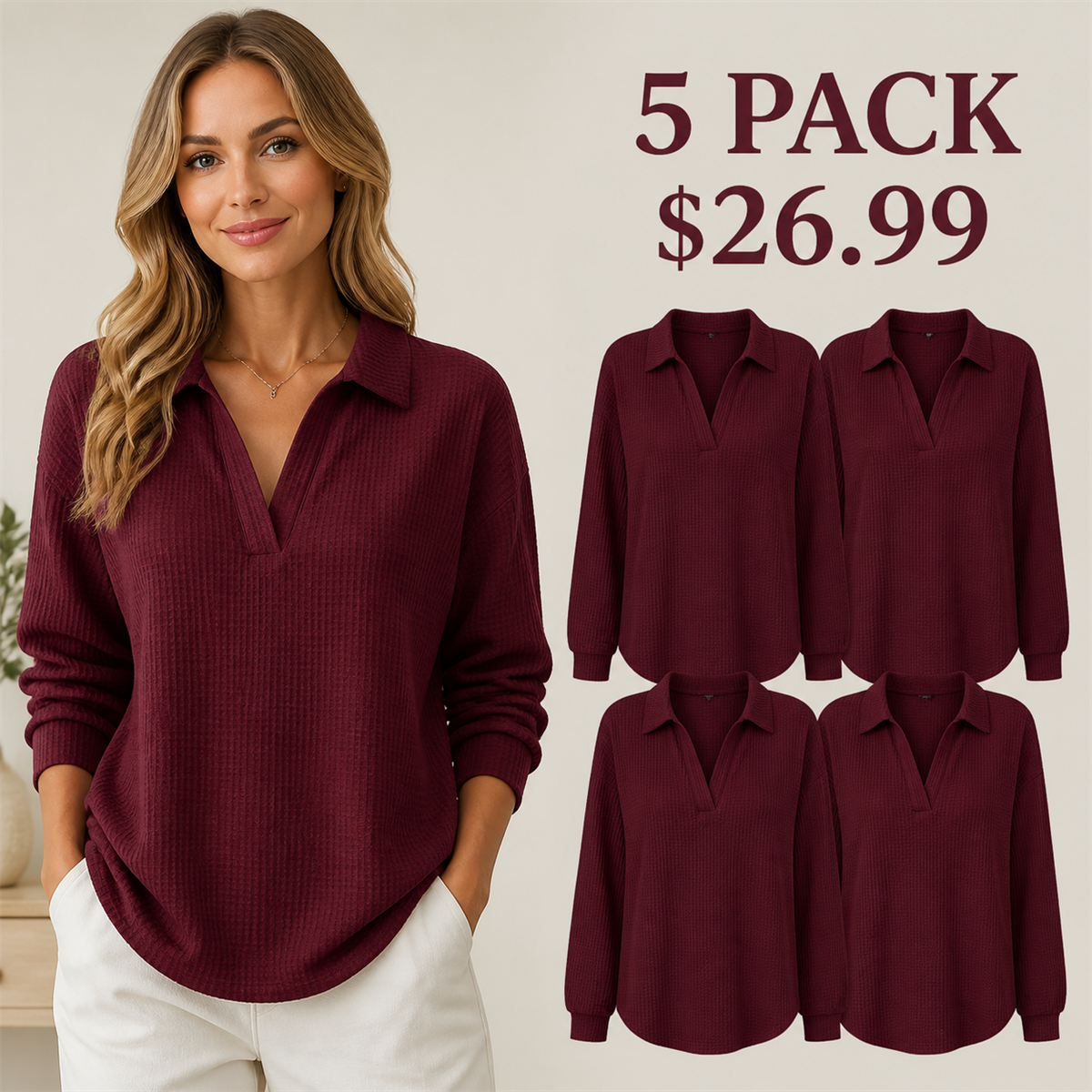 Women's Textured Open-Neck Long-Sleeve Collared Blouse - 5-Piece Burgundy Set - 26.99 $