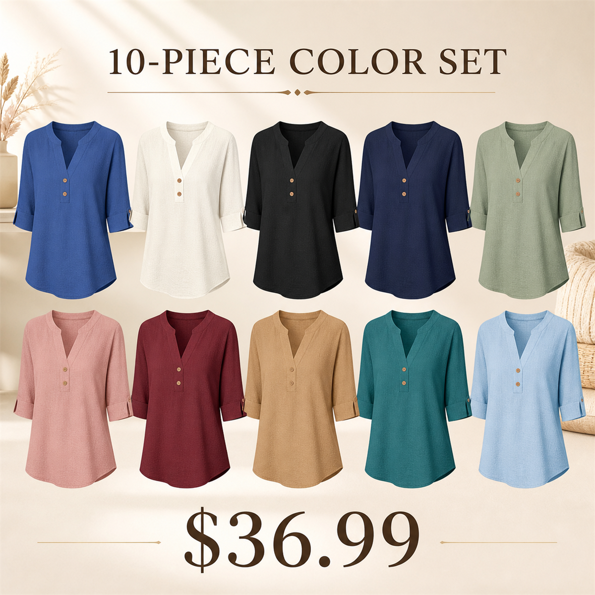 Women's Relaxed Split-Neck Three-Quarter-Sleeve Two-Button Blouse - 10 Piece - Complete Color Collection - 36.99 $