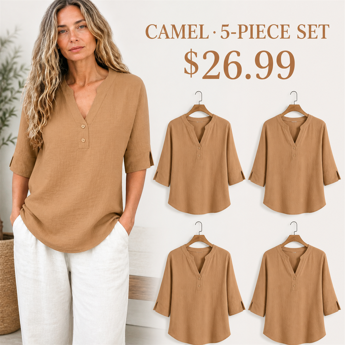 Women's Relaxed Split-Neck Three-Quarter-Sleeve Two-Button Blouse - 5-Piece Camel Set - 26.99 $