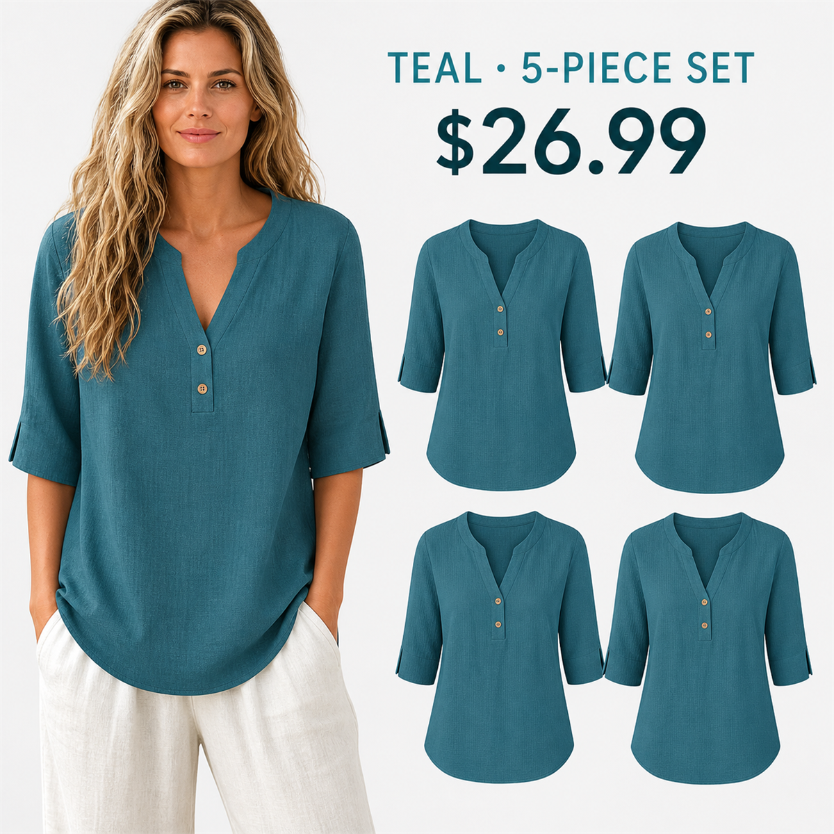 Women's Relaxed Split-Neck Three-Quarter-Sleeve Two-Button Blouse - 5-Piece Teal Set - 26.99 $