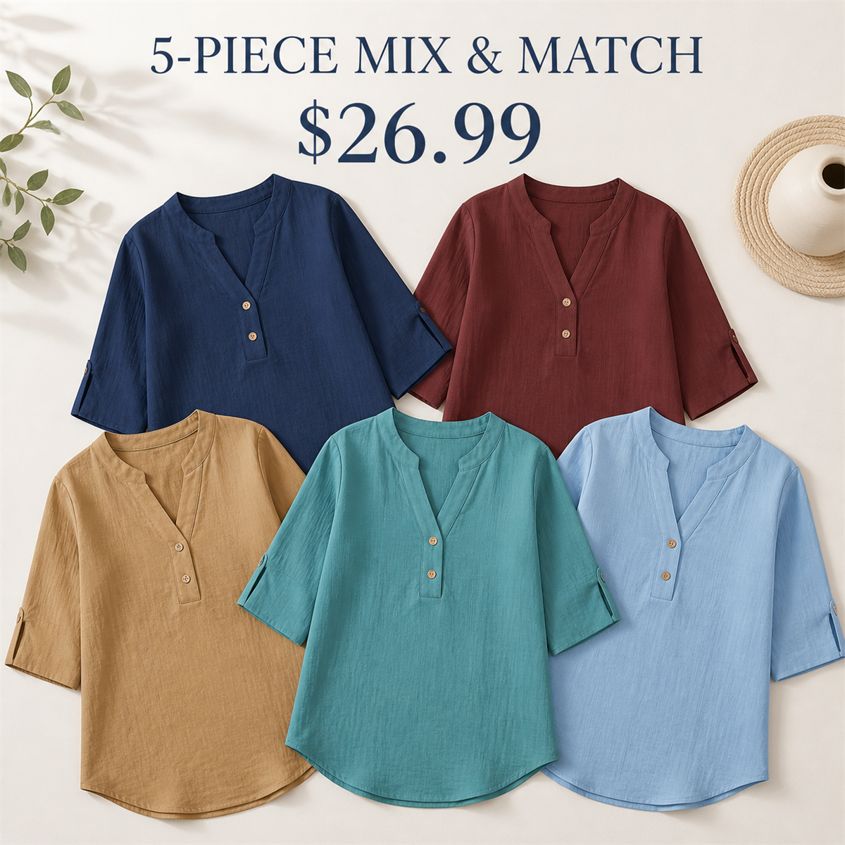 Women's Relaxed Split-Neck Three-Quarter-Sleeve Two-Button Blouse - 5 Piece - Soft Color Set - 26.99 $