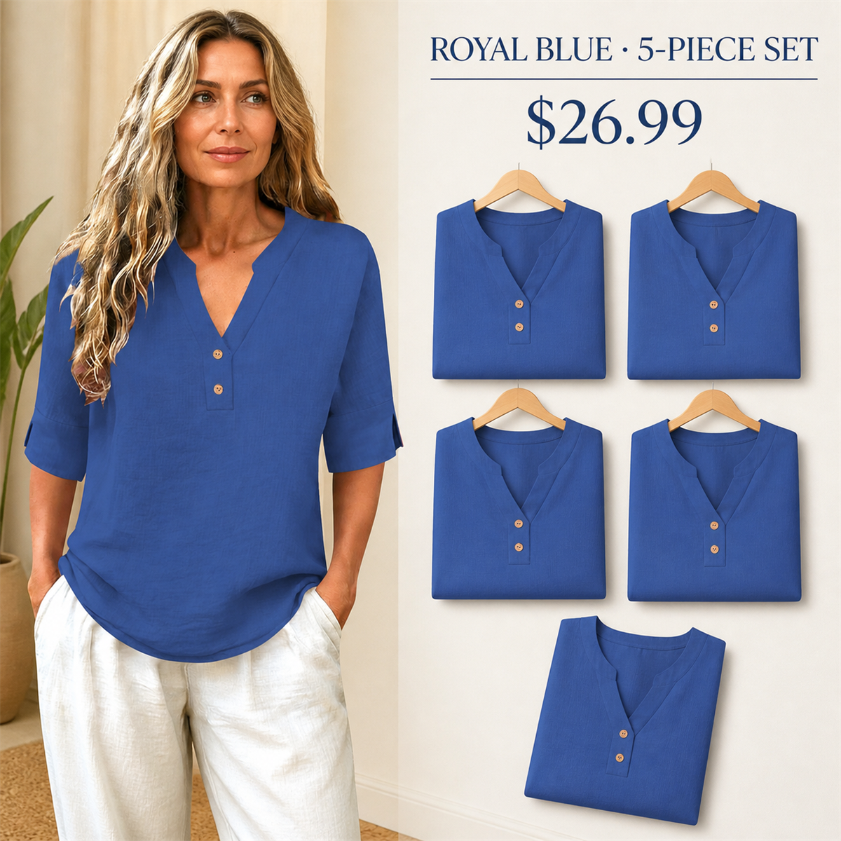 Women's Relaxed Split-Neck Three-Quarter-Sleeve Two-Button Blouse - 5-Piece Royal Blue Set - 26.99 $