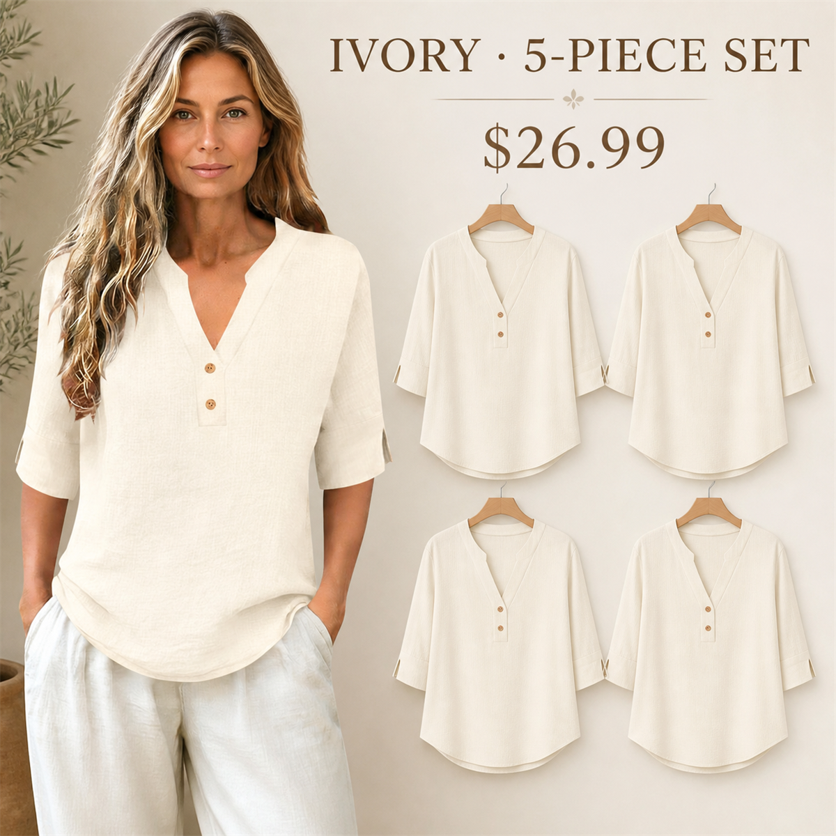 Women's Relaxed Split-Neck Three-Quarter-Sleeve Two-Button Blouse - 5-Piece Ivory Set - 26.99 $