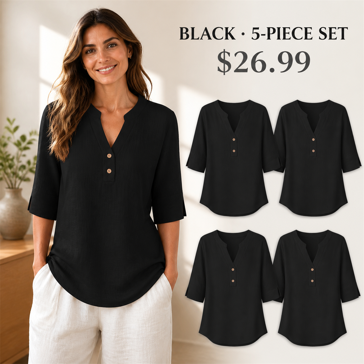 Women's Relaxed Split-Neck Three-Quarter-Sleeve Two-Button Blouse - 5-Piece Black Set - 26.99 $
