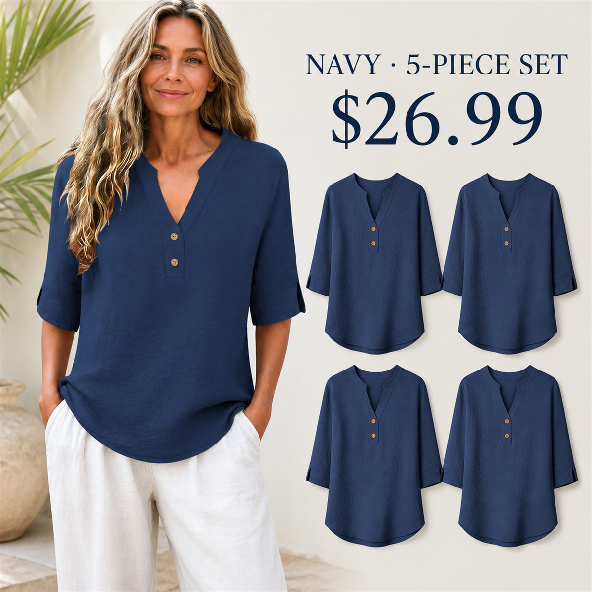Women's Relaxed Split-Neck Three-Quarter-Sleeve Two-Button Blouse - 5-Piece Navy Set - 26.99 $