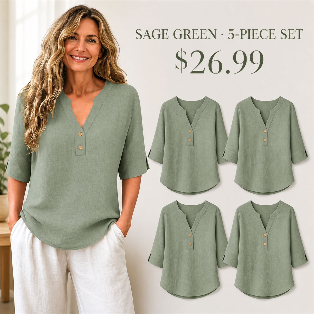 Women's Relaxed Split-Neck Three-Quarter-Sleeve Two-Button Blouse - 5-Piece Sage Green Set - 26.99 $
