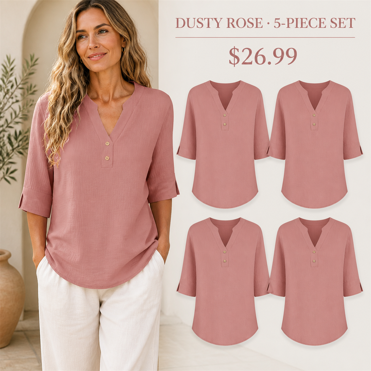 Women's Relaxed Split-Neck Three-Quarter-Sleeve Two-Button Blouse - 5-Piece Dusty Rose Set - 26.99 $