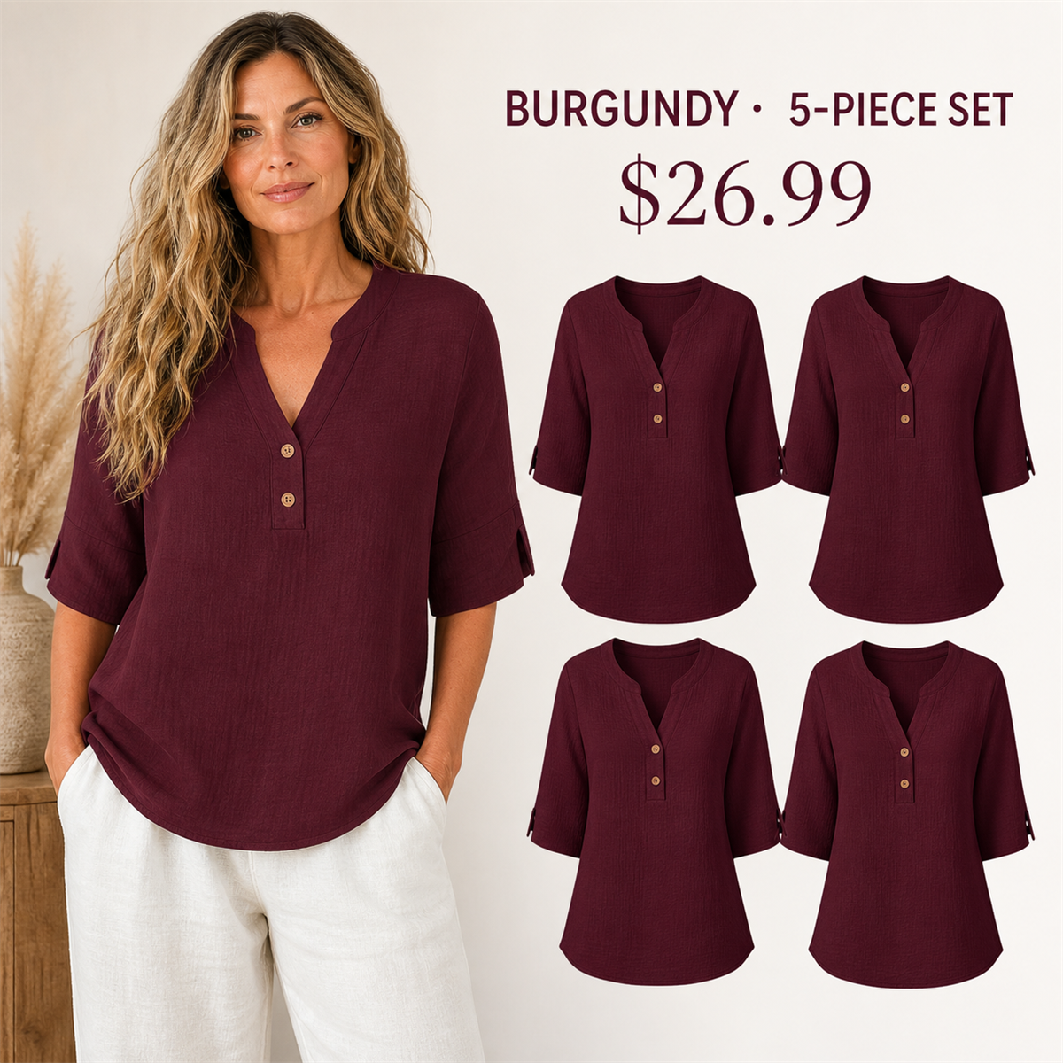 Women's Relaxed Split-Neck Three-Quarter-Sleeve Two-Button Blouse - 5-Piece Burgundy Set - 26.99 $