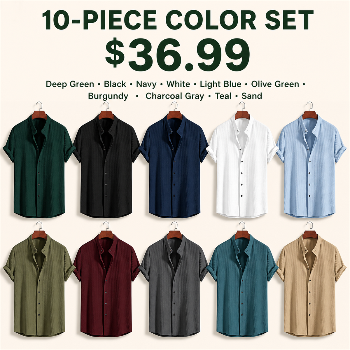 Men's Textured Short-Sleeve Button-Front Shirt - 10 Piece - Complete Color Collection - 36.99 $