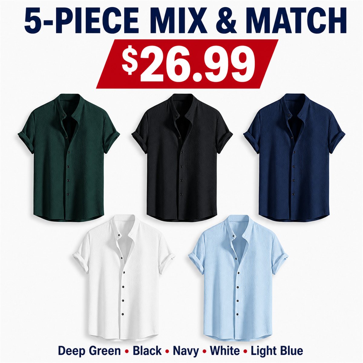 Men's Textured Short-Sleeve Button-Front Shirt - 5 Piece - Classic Color Set - 26.99 $