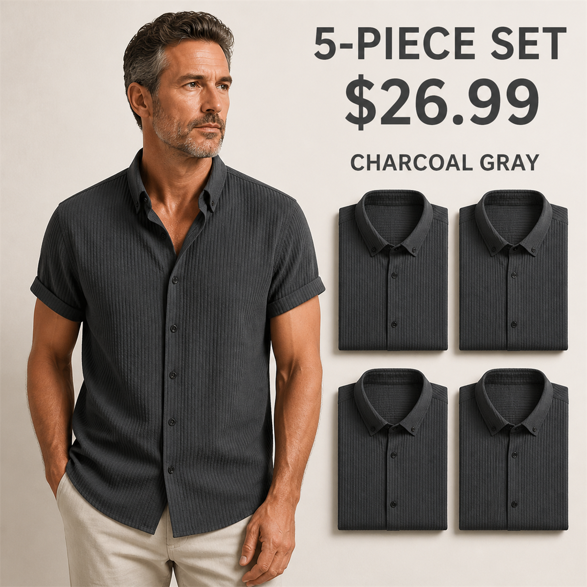 Men's Textured Short-Sleeve Button-Front Shirt - 5-Piece Charcoal Gray Set - 26.99 $