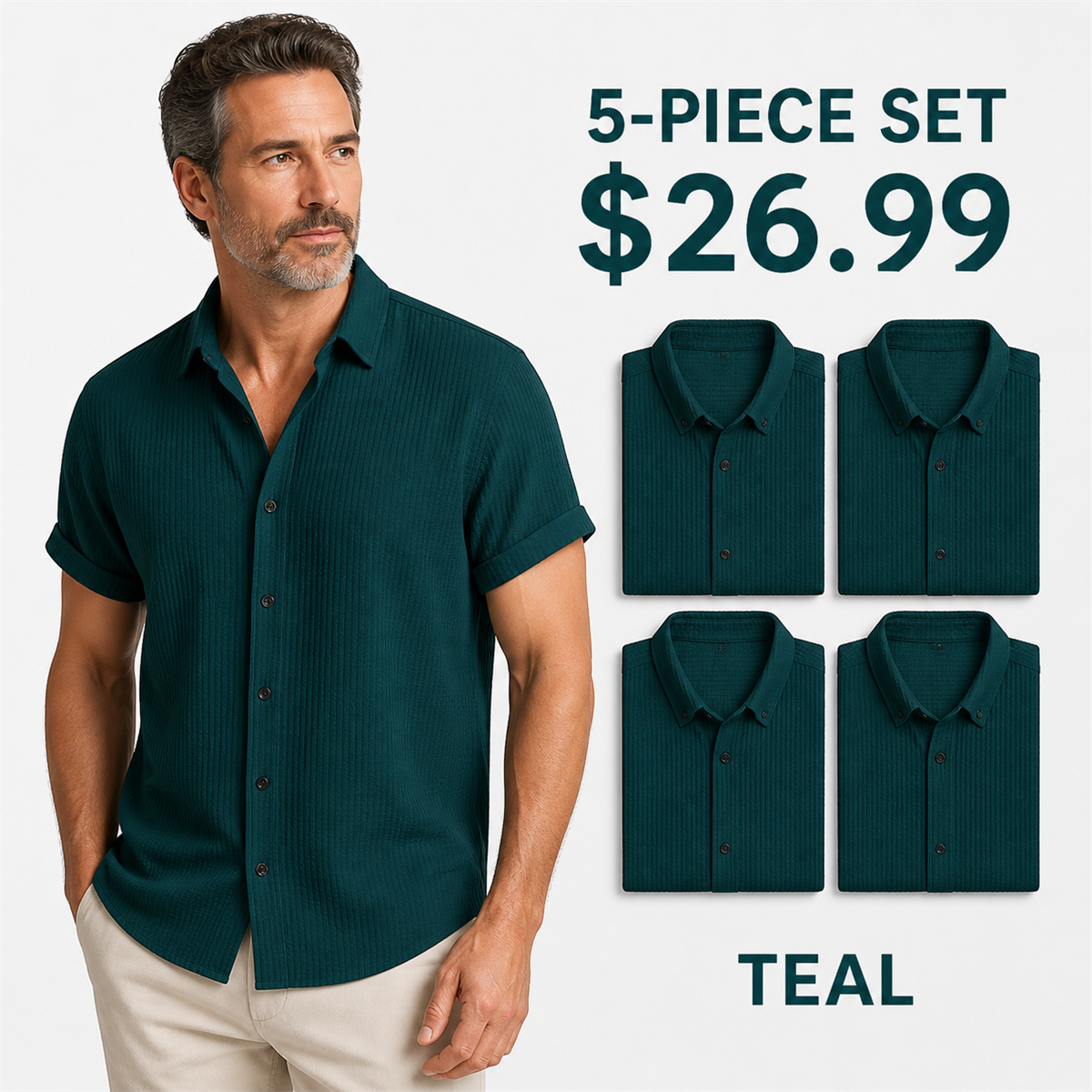 Men's Textured Short-Sleeve Button-Front Shirt - 5-Piece Teal Set - 26.99 $