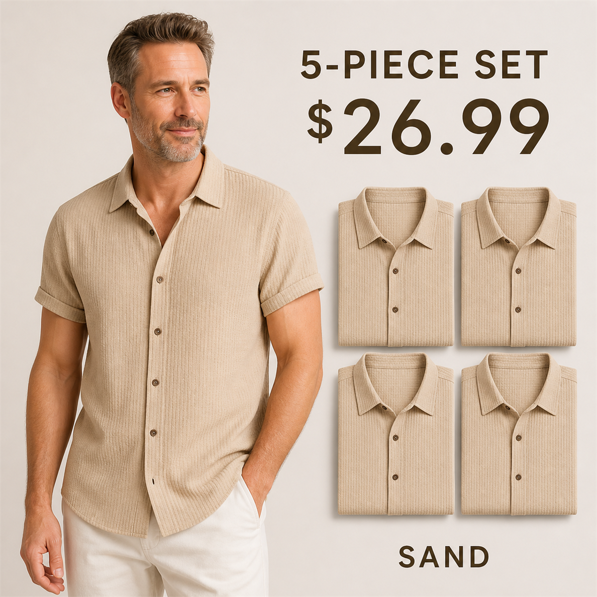 Men's Textured Short-Sleeve Button-Front Shirt - 5-Piece Sand Set - 26.99 $