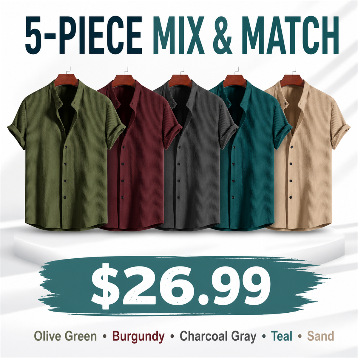 Men's Textured Short-Sleeve Button-Front Shirt - 5 Piece - Soft Color Set - 26.99 $