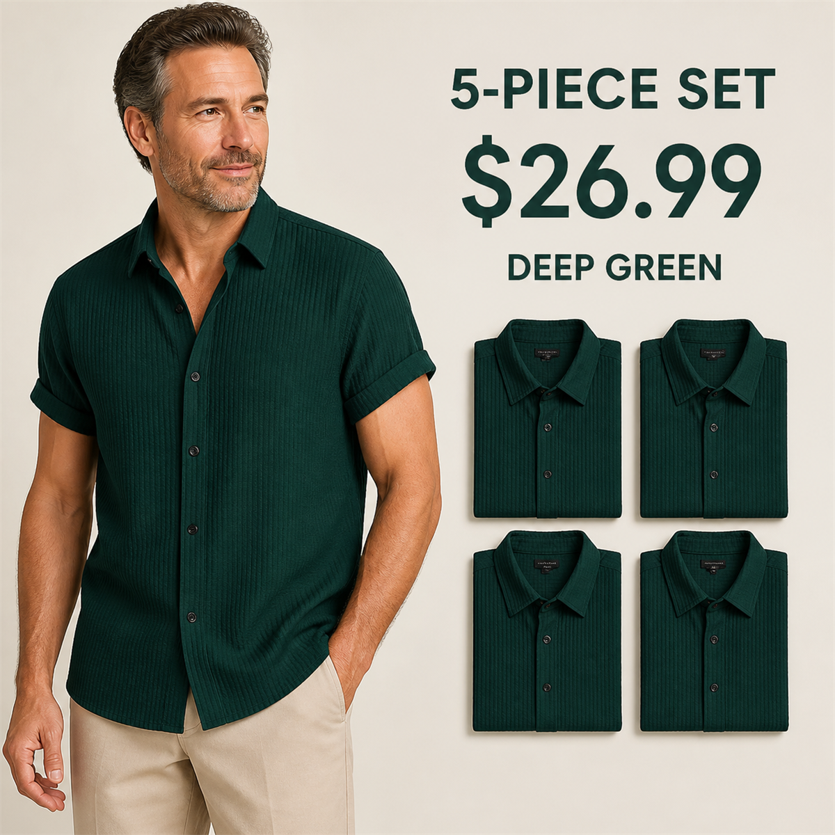 Men's Textured Short-Sleeve Button-Front Shirt - 5-Piece Deep Green Set - 26.99 $