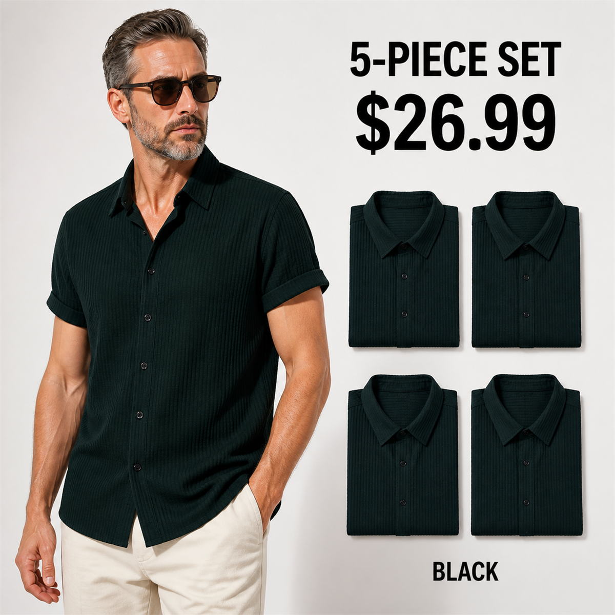 Men's Textured Short-Sleeve Button-Front Shirt - 5-Piece Black Set - 26.99 $