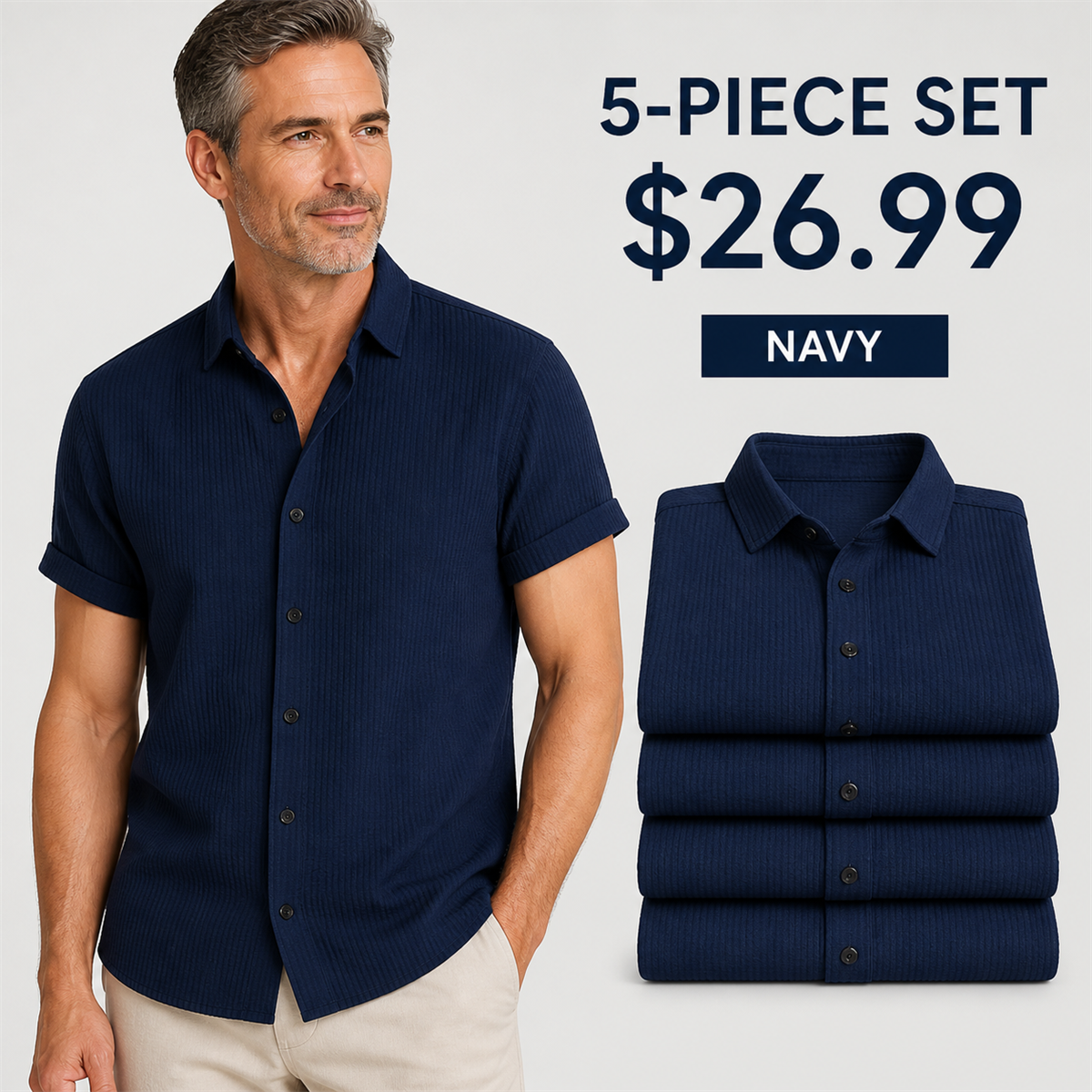 Men's Textured Short-Sleeve Button-Front Shirt - 5-Piece Navy Set - 26.99 $