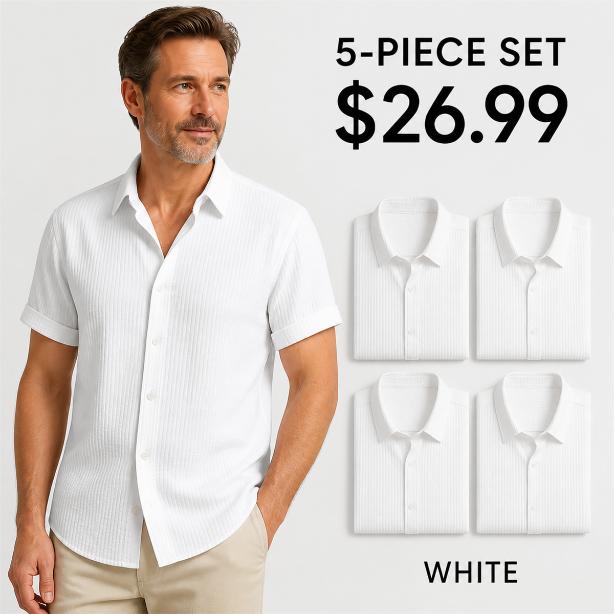 Men's Textured Short-Sleeve Button-Front Shirt - 5-Piece White Set - 26.99 $