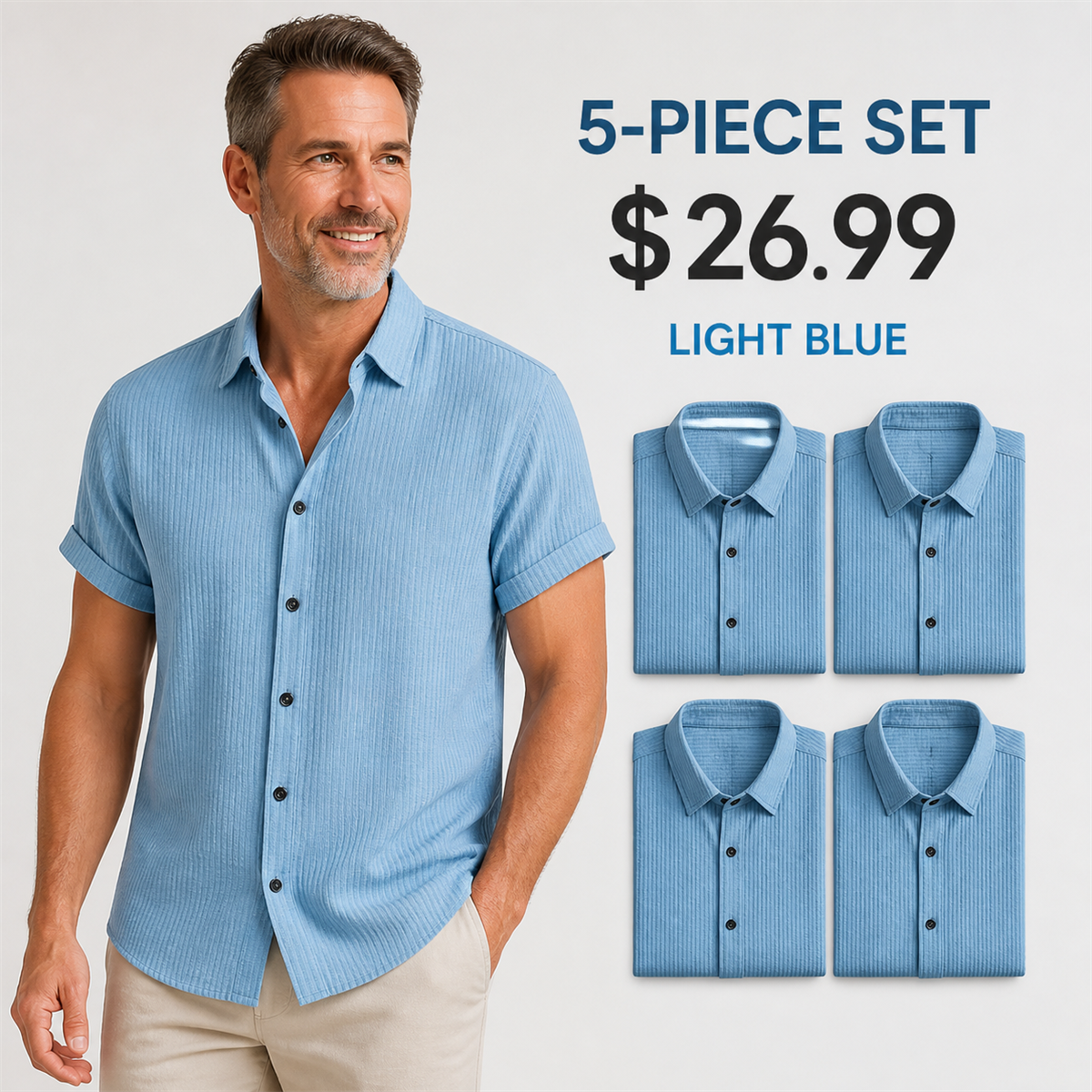 Men's Textured Short-Sleeve Button-Front Shirt - 5-Piece Light Blue Set - 26.99 $