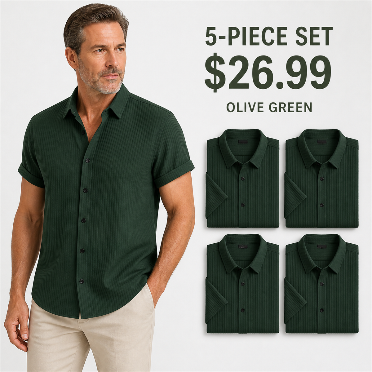 Men's Textured Short-Sleeve Button-Front Shirt - 5-Piece Olive Green Set - 26.99 $