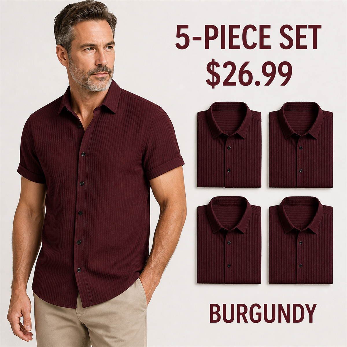 Men's Textured Short-Sleeve Button-Front Shirt - 5-Piece Burgundy Set - 26.99 $