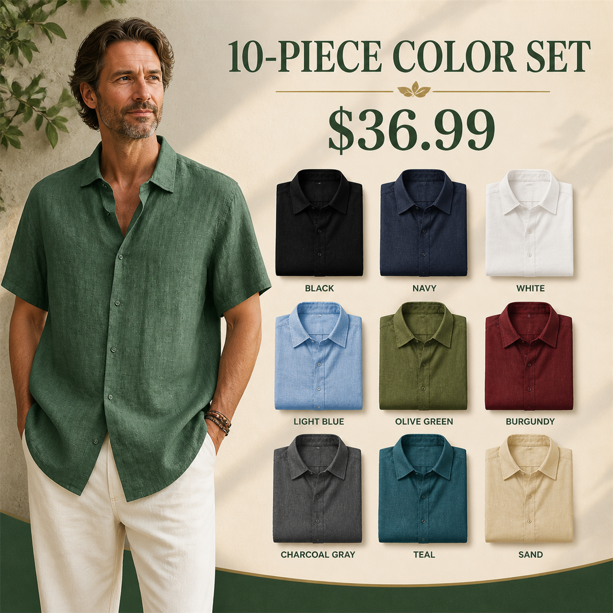 Men's Relaxed Linen-Look Short-Sleeve Button-Front Shirt - 10 Piece - Complete Color Collection - 36.99 $