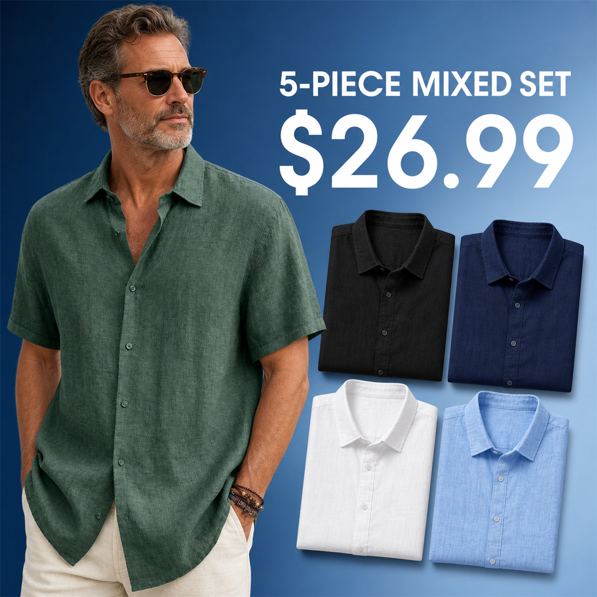 Men's Relaxed Linen-Look Short-Sleeve Button-Front Shirt - 5 Piece - Classic Color Set - 26.99 $