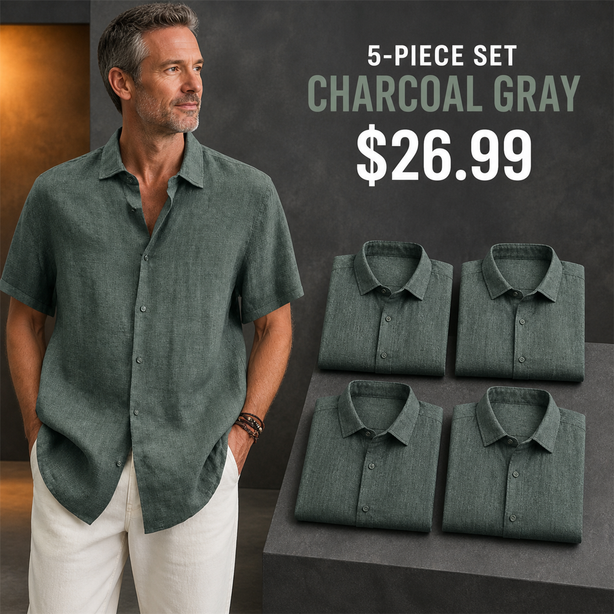 Men's Relaxed Linen-Look Short-Sleeve Button-Front Shirt - 5-Piece Charcoal Gray Set - 26.99 $
