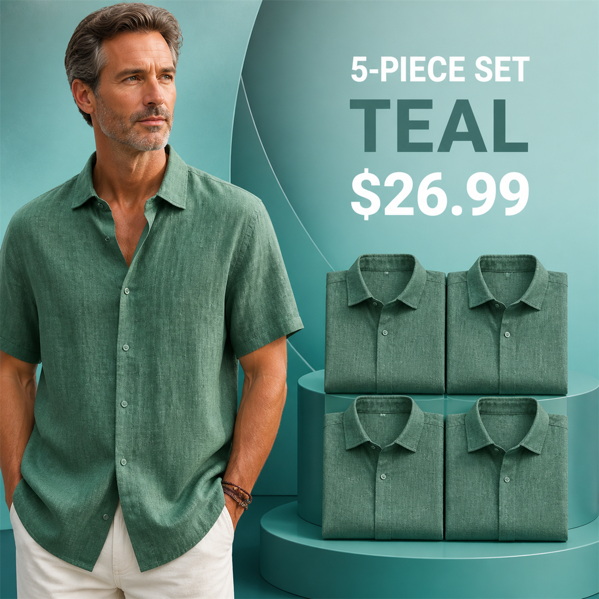 Men's Relaxed Linen-Look Short-Sleeve Button-Front Shirt - 5-Piece Teal Set - 26.99 $