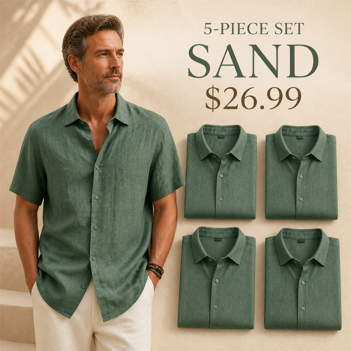 Men's Relaxed Linen-Look Short-Sleeve Button-Front Shirt - 5-Piece Sand Set - 26.99 $