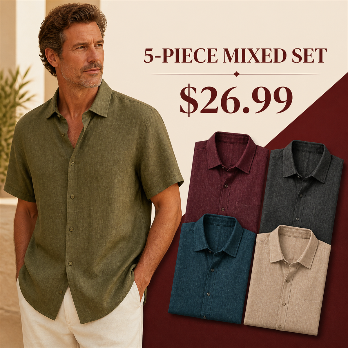 Men's Relaxed Linen-Look Short-Sleeve Button-Front Shirt - 5 Piece - Soft Color Set - 26.99 $