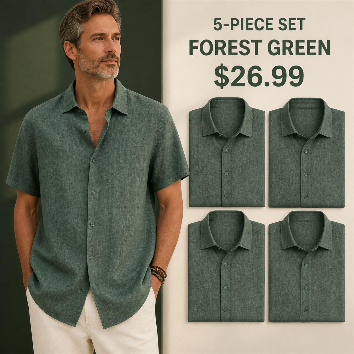 Men's Relaxed Linen-Look Short-Sleeve Button-Front Shirt - 5-Piece Forest Green Set - 26.99 $