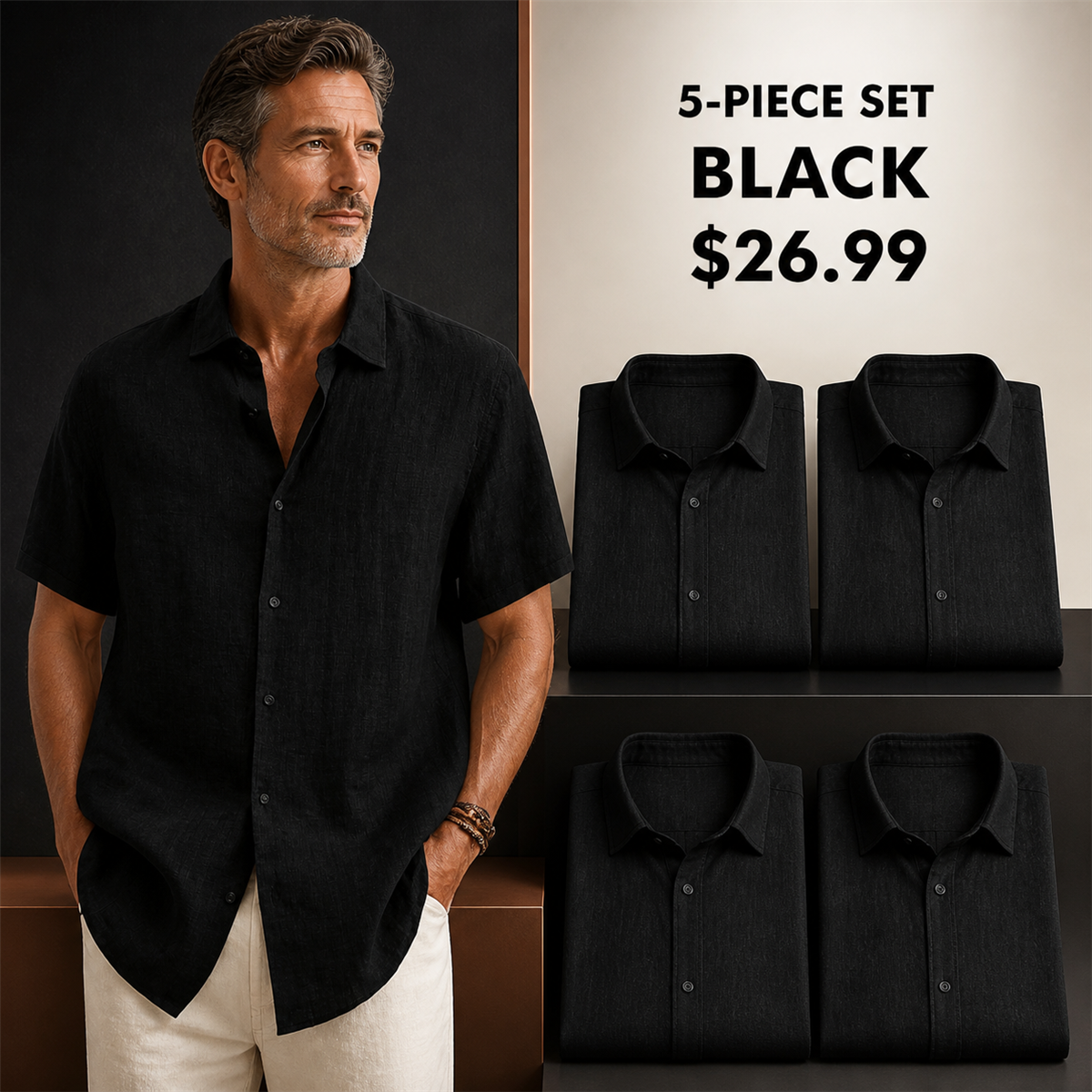 Men's Relaxed Linen-Look Short-Sleeve Button-Front Shirt - 5-Piece Black Set - 26.99 $