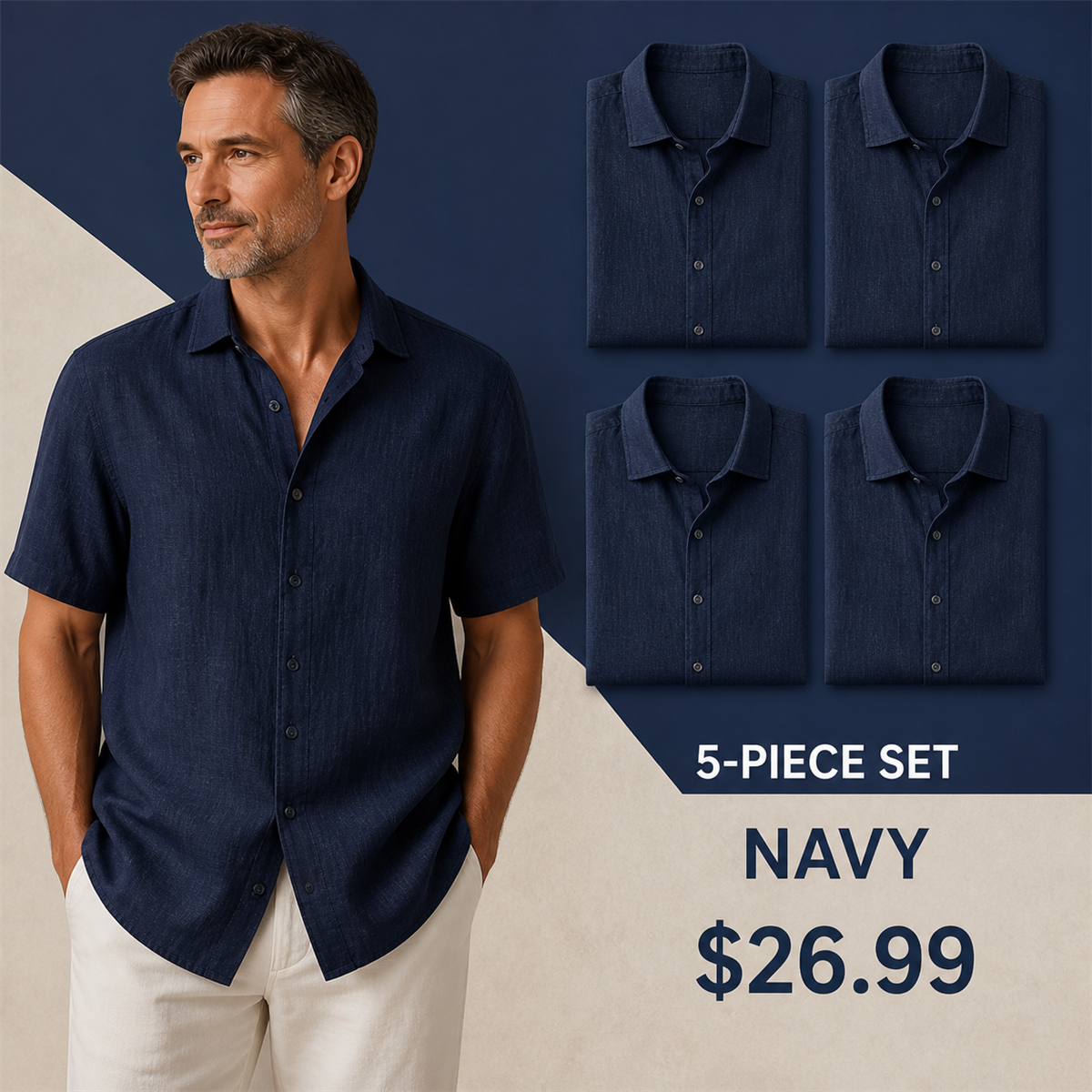 Men's Relaxed Linen-Look Short-Sleeve Button-Front Shirt - 5-Piece Navy Set - 26.99 $