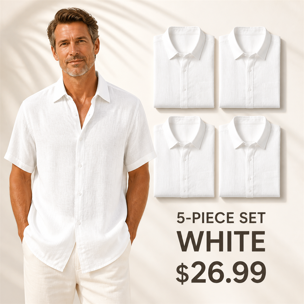 Men's Relaxed Linen-Look Short-Sleeve Button-Front Shirt - 5-Piece White Set - 26.99 $