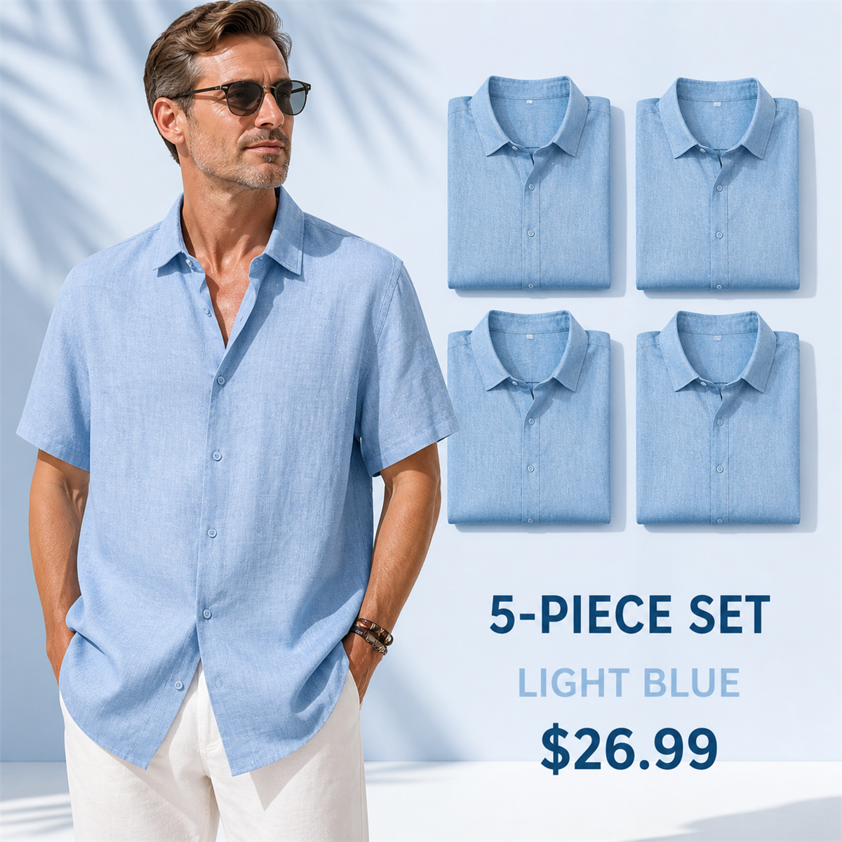 Men's Relaxed Linen-Look Short-Sleeve Button-Front Shirt - 5-Piece Light Blue Set - 26.99 $