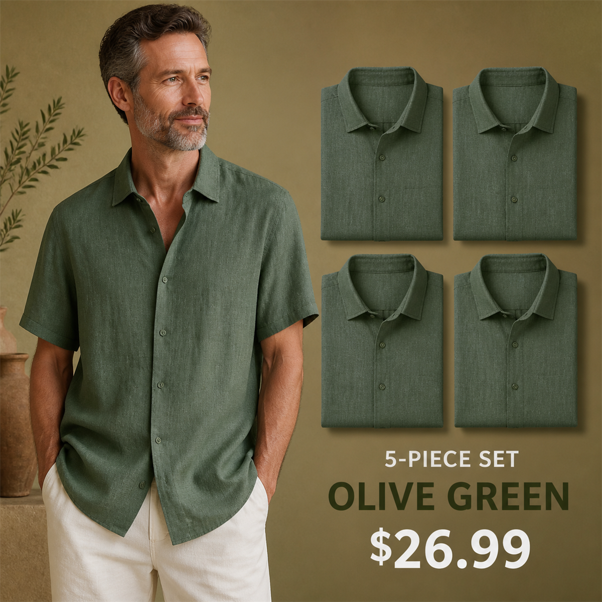 Men's Relaxed Linen-Look Short-Sleeve Button-Front Shirt - 5-Piece Olive Green Set - 26.99 $