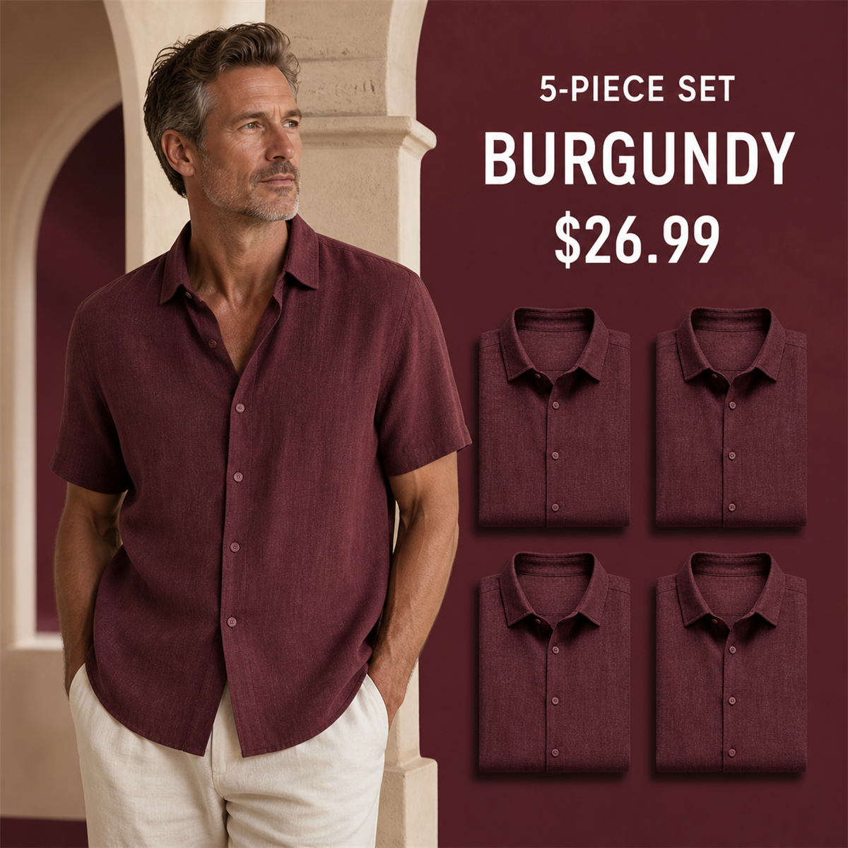 Men's Relaxed Linen-Look Short-Sleeve Button-Front Shirt - 5-Piece Burgundy Set - 26.99 $